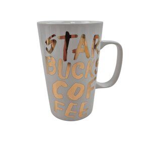 Starbucks Coffee Mug Graffiti Style Gold Script 16oz 2015 Tall White Ceramic